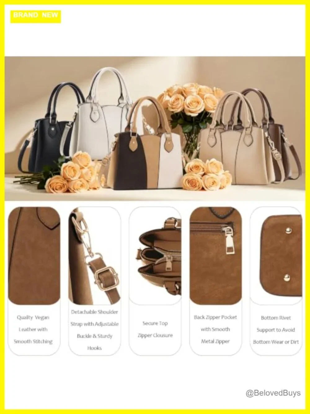 Vegan Leather Crossbody Tote Satchel Handbag with Zipper